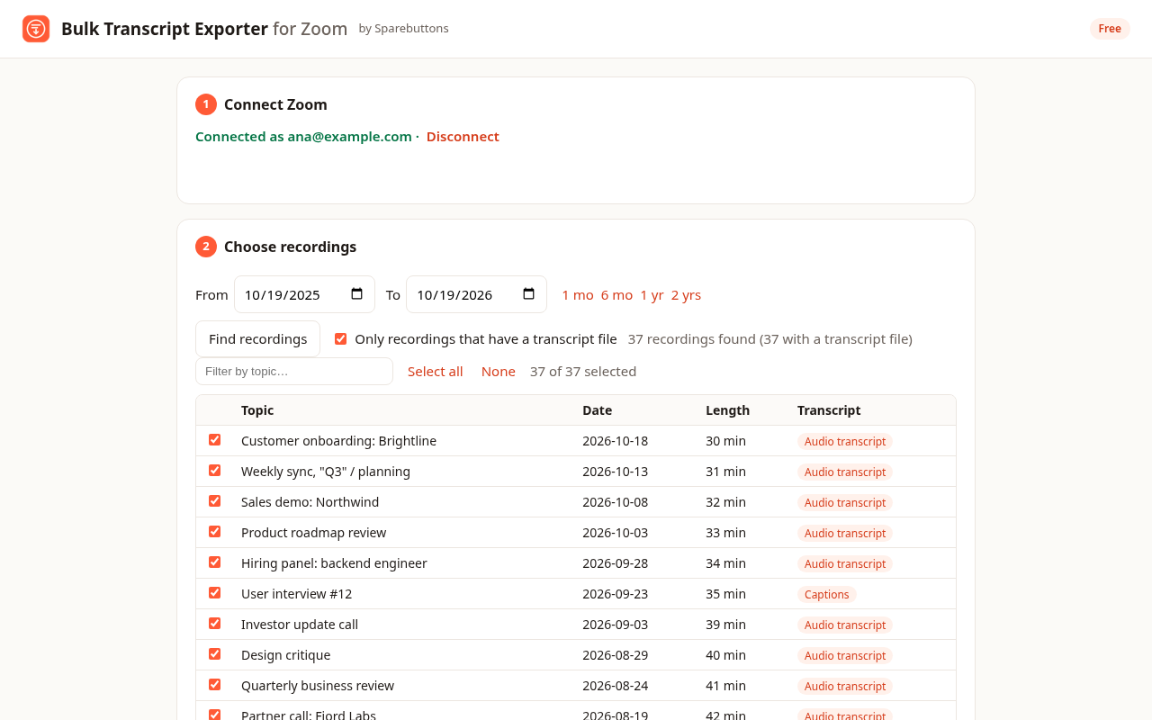 The exporter listing Zoom cloud recordings with transcripts ready to export